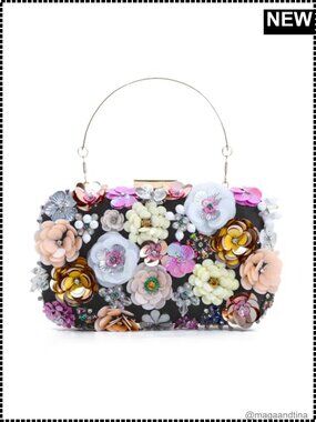 Floral Beaded Sequin Clutch Evening Handbag with Chain for Wedding Party